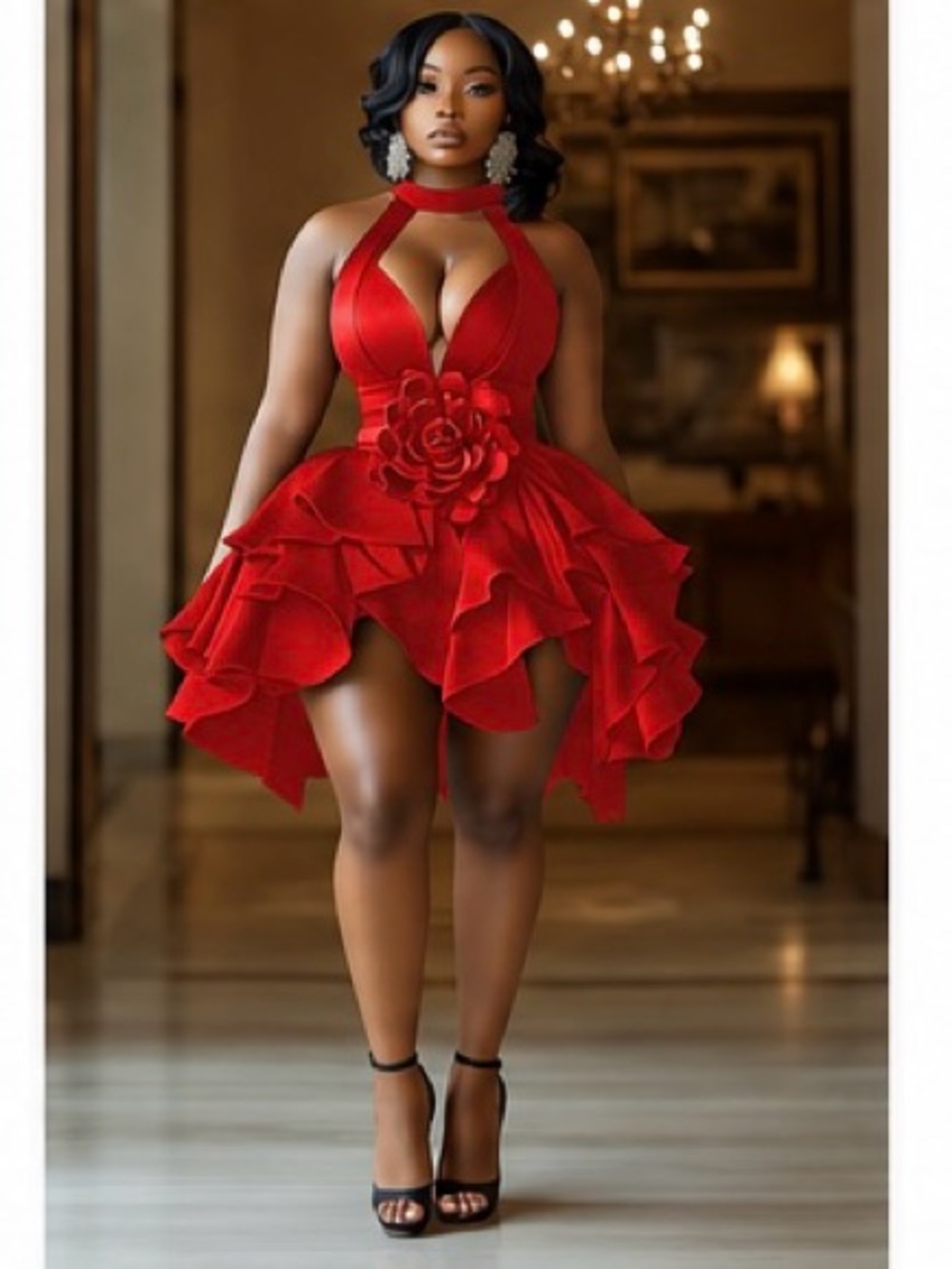 Red Halter Floral Appliqué Ruffle Mini Dress